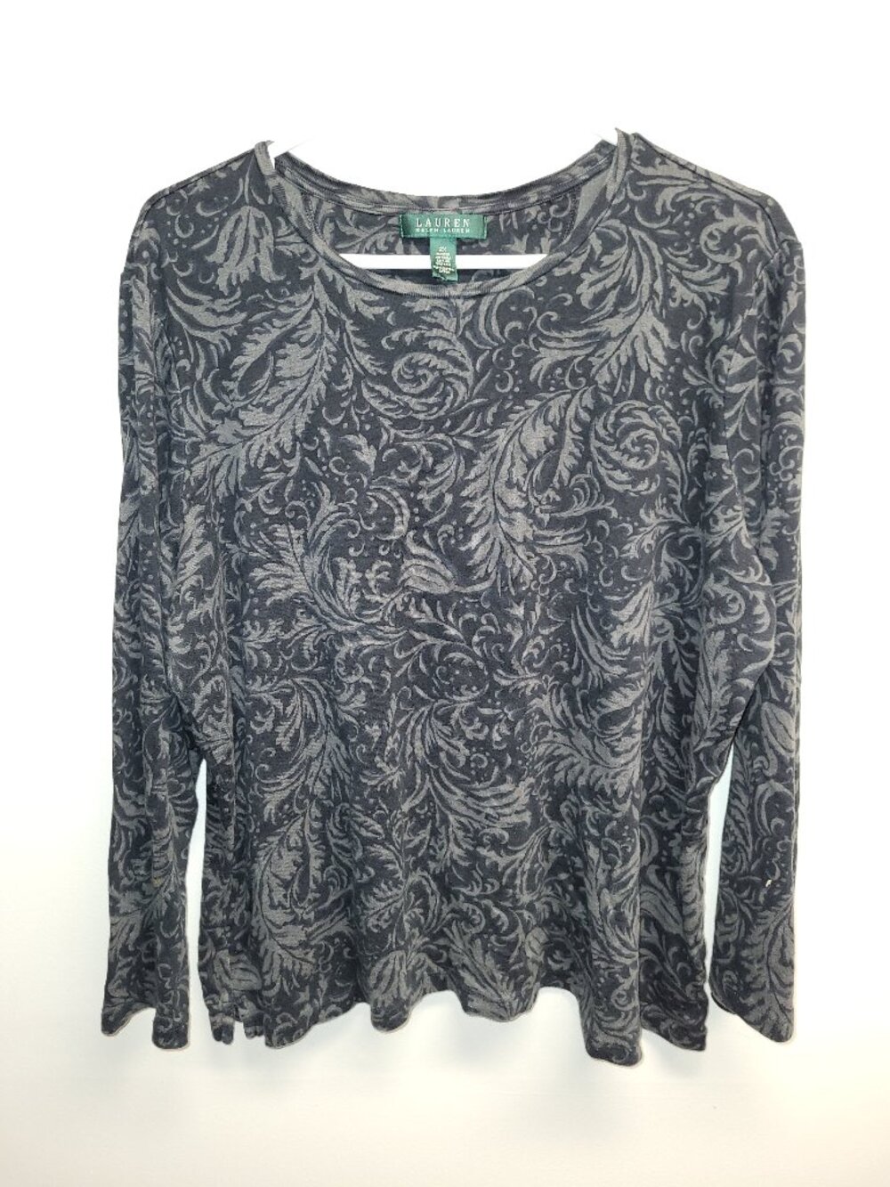 Lauren Ralph Lauren Women's Gray Black Scroll Print Long Sleeve Top 2X